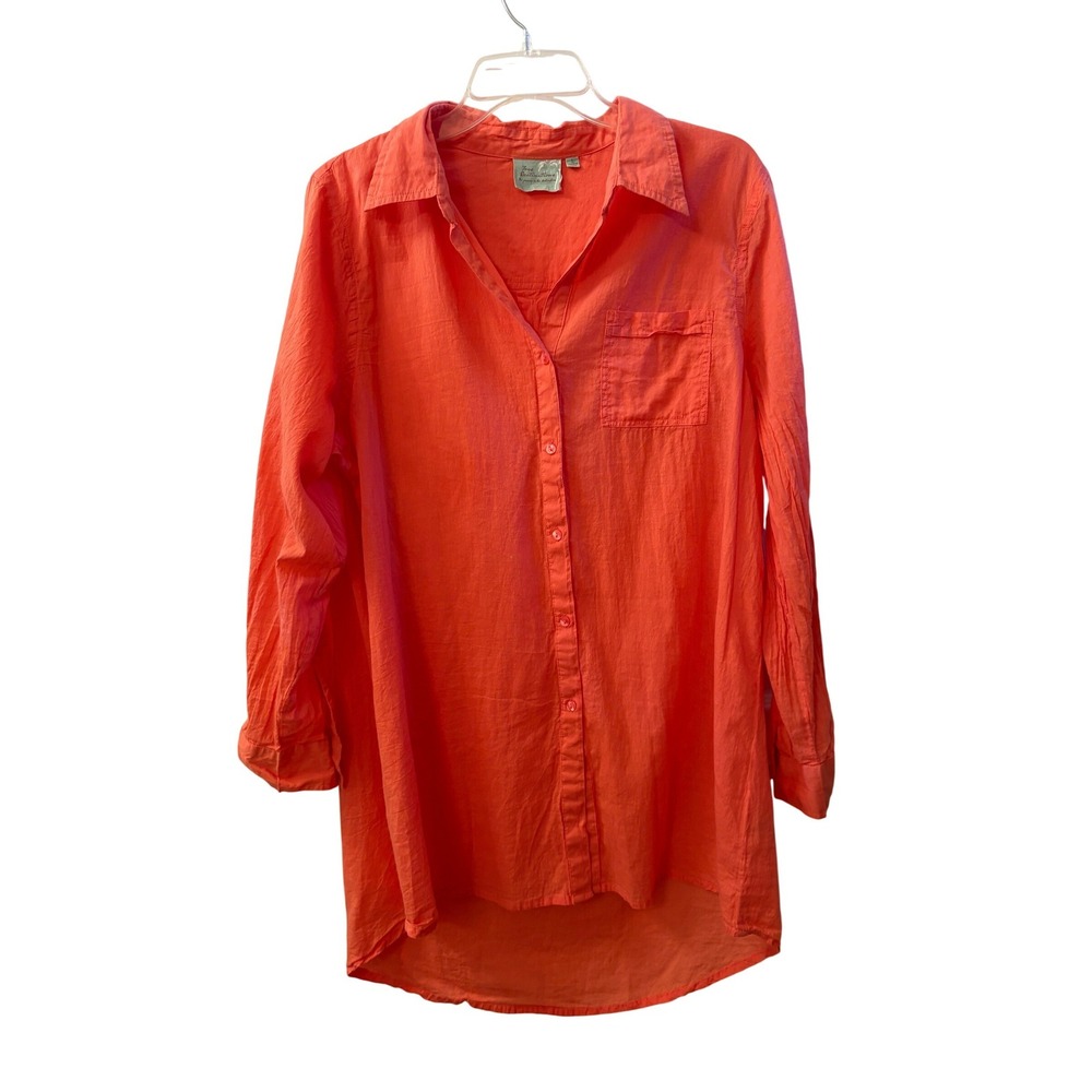True‎ Destinations Coral Orange Cotton Roll Tab Coastal Tunic Shirt Womens Large